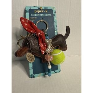 New Piper K Dachshund Tennis Ball Key Chain & Bag Charm Rhinestone Bone